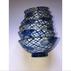 Set of 5 Blue and White Hand Painted Asian Rice Bowls